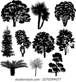 illustration with ten trees isolated on white background