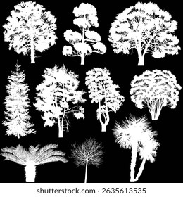 ilustração com dez árvores isoladas sobre fundo preto