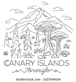 Illustration of Tenerife on Canary Islands with Vulcano Teide, drago trees and Tajinaste flowers. Colored page background with editable stroke in black and white colors