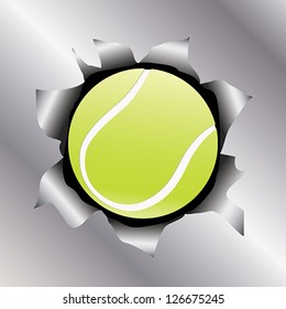 illustration of a tennis ball bursting trough a metal sheet effects.