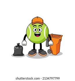 Illustration of tennis ball cartoon as a garbage collector , character design