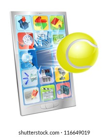 Illustration of a tennis ball flying out of a broken cell phone screen