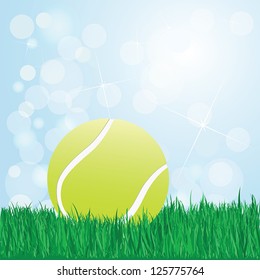 illustration of tennis ball on grass with sunshine and flare on background.