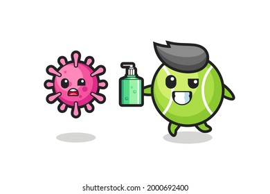 illustration of tennis character chasing evil virus with hand sanitizer , cute style design for t shirt, sticker, logo element