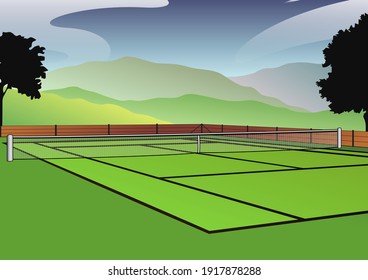 Illustration des Tennisplatzes mit Hügeln und Bergen im Hintergrund. Vektorbild des Spielplatzes für Sport im Freien. Hintergrundbild des modernen Badminton Feldes mit Netz in der Mitte. 