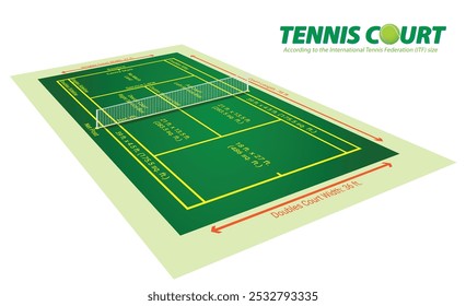 An illustration of tennis court layout based on International Tennis Federation (ITF) specifications. This diagram showcases the exact measurements of key court components such as the net height