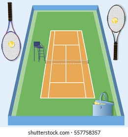 Illustration with a tennis court, racket, balls and a tower with a seat for the judge in tennis