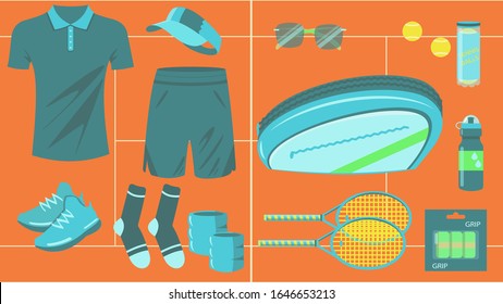 Illustration with tennis equipment - rackets, bag, balls and clothes. Red court background