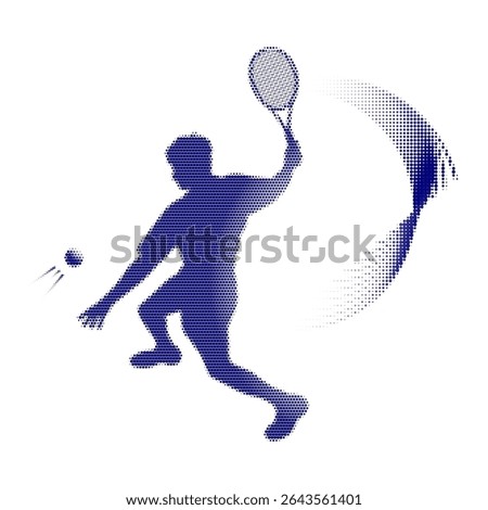 Illustration of a tennis player in action, executing a dynamic serve depicted through a stylized blue halftone gradient silhouette effect, emphasizing motion and athleticism.