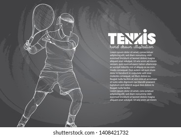 illustration of tennis player in action four hand. chalk drawing style.