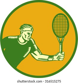 Illustration of a tennis player holding racquet playing tennis doing a forehand shot set inside circle done in retro woodcut style. 