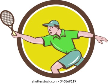 Illustration of a tennis player holding racquet playing tennis doing a forehand shot viewed from the side set inside circle done in cartoon style. 