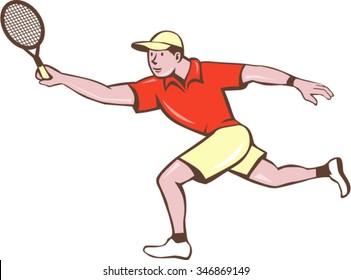 Illustration of a tennis player holding racquet playing tennis doing a forehand shot viewed from the side set on isolated white background done in cartoon style. 