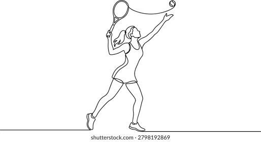 Illustration of tennis player serving the ball, elegant athletic movement hand drawn outline vector illustration.