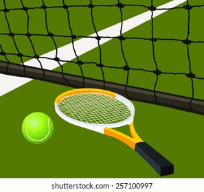 Illustration of tennis racket and ball on tennis court