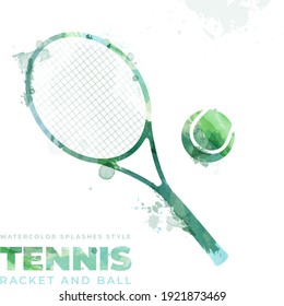 Illustration of tennis racket and ball in watercolor splashes style - isolated on white background. Vector file.