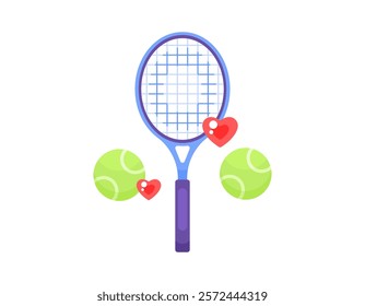 illustration of a tennis racket with two tennis balls and a heart symbol. like playing tennis. sport. equipment, goods, objects. flat style design. elements