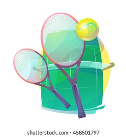 Illustration for tennis with wooden racks or rackets, racquet and ball with bleaks, grass court with net. Sport gear or equipment for regular or lawn,real outdoor tennis.