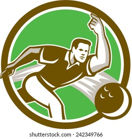 Illustration of a ten-pin bowler throwing bowling ball inside circle done in retro style on isolated background.