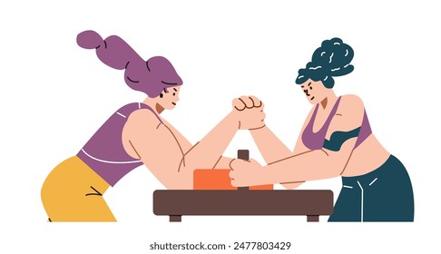 An illustration of a tense arm wrestling match between strong athletic female rivals. The vector image reflects a dynamic scene of rivalry and power.