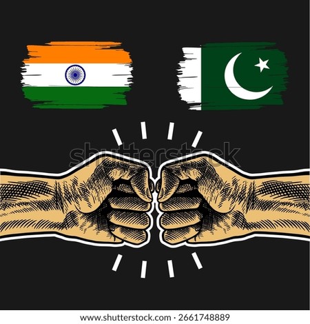 Illustration of tension and war between India and Pakistan. Vector of hands punching each other.