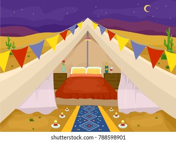 Illustration Of A Tent With Bed And Banners For Desert Glamping