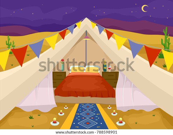 Illustration Tent Bed Banners Desert Glamping Stock Vector
