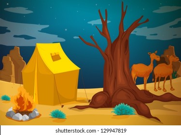 Illustration of a tent with a camp fire