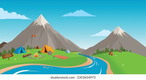 Illustration of a tent camp. Tourist camp in nature