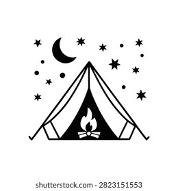 Illustration of a tent with a campfire inside under stars and crescent moon isolated on transparent background