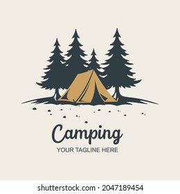 Illustration of a tent and camping ground, with a cypress tree behind it.