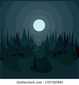 Illustration of a tent in the forest at night vector