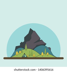 Illustration of a tent in the hills near