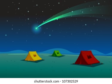 illustration of a tent house and comet in night sky