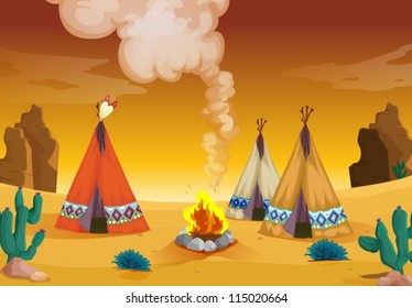 illustration of a tent house and fire in a desert