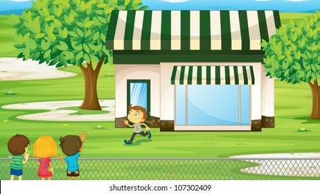 illustration of a tent house and kids on the green grass
