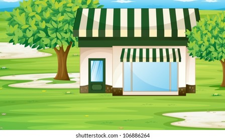 illustration of a tent house on the green grass