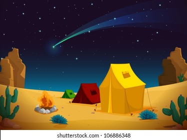 illustration of a tent house and stars in night sky