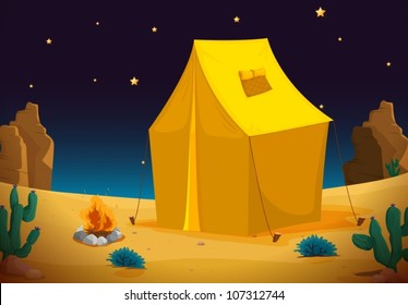 illustration of a tent house and stars in night sky
