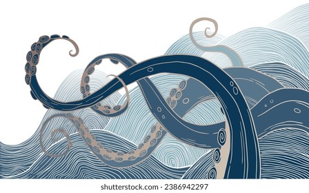 illustration with tentacles, graphic style. gold and blue colours