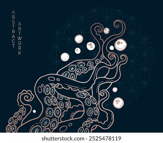 illustration with tentacles, graphic style. gold and blue colours	