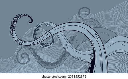 illustration with tentacles, graphic style. green and blue colours	