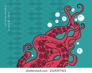 illustration with tentacles, graphic style. green and red colours	