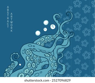 illustration with tentacles, graphic style. green and blue colours	