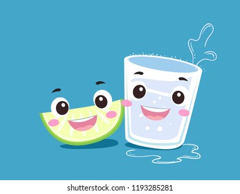 Illustration of a Tequila Drink In Shot Glass Mascot Smiling with a Slice of Lime or Lemon