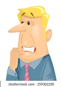 Illustration of a Terribly Anxious Man Chewing on His Fingernails