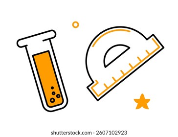 Illustration of a test tube and protractor in orange and black line art style on a white background, representing science and mathematics education. Vector illustration