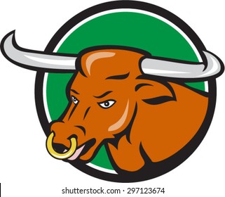 Illustration of a texas longhorn bull head with nose ring set inside circle on isolated background done in cartoon style. 