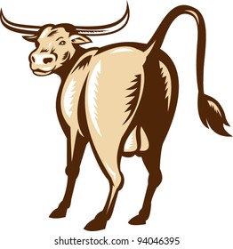 illustration of a Texas Longhorn Bull viewed from the rear done in retro woodcut style on isolated white background.