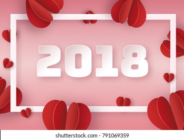 illustration of text " 2018 " with red hearts, paper art design and craft style. Valentine's concept.